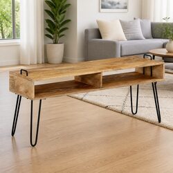 Solid Mango Wood TV Stand with Steel Frame for Durability