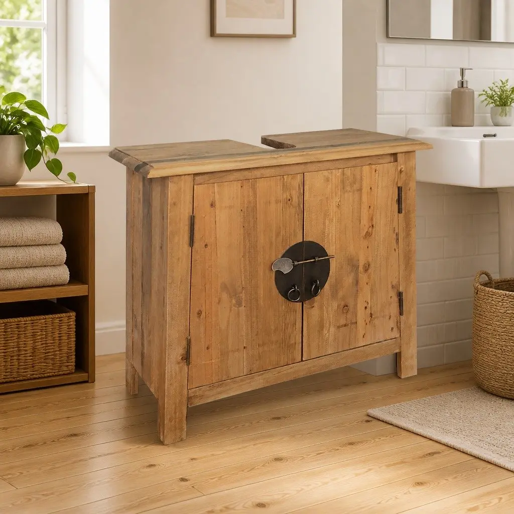 Solid Pinewood Brown Retro Bathroom Vanity Cabinet