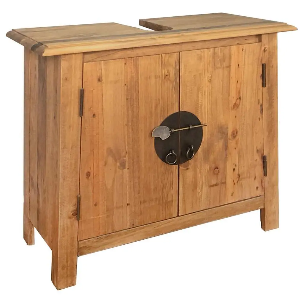 Solid Pinewood Brown Retro Bathroom Vanity Cabinet