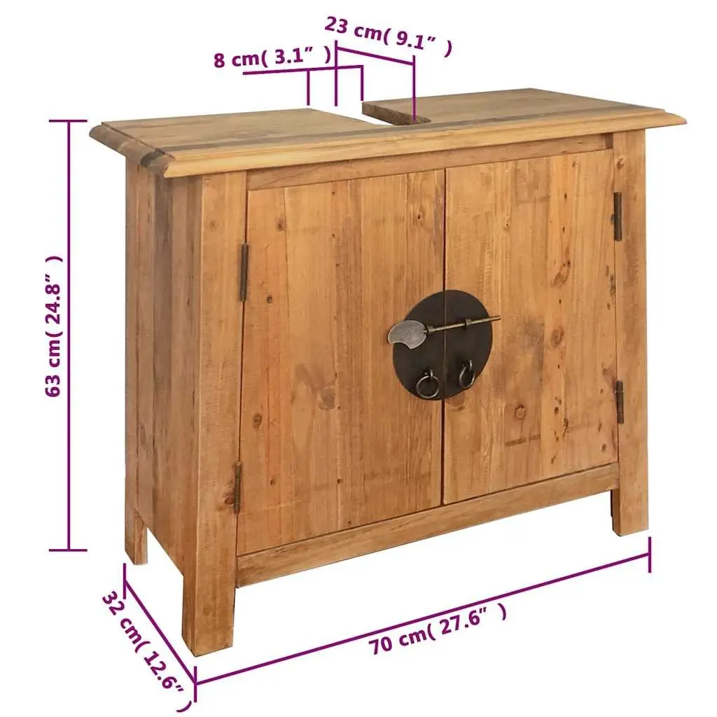 Solid Pinewood Brown Retro Bathroom Vanity Cabinet