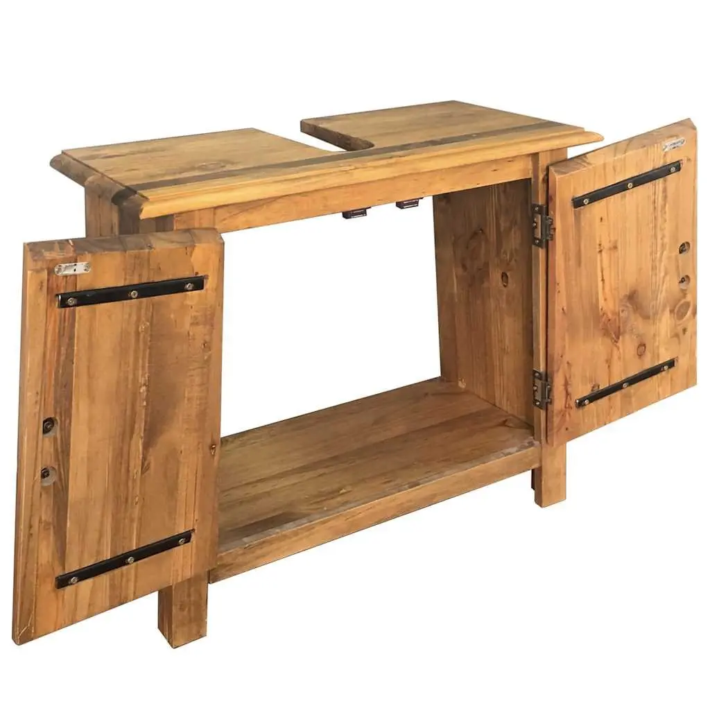 Solid Pinewood Brown Retro Bathroom Vanity Cabinet