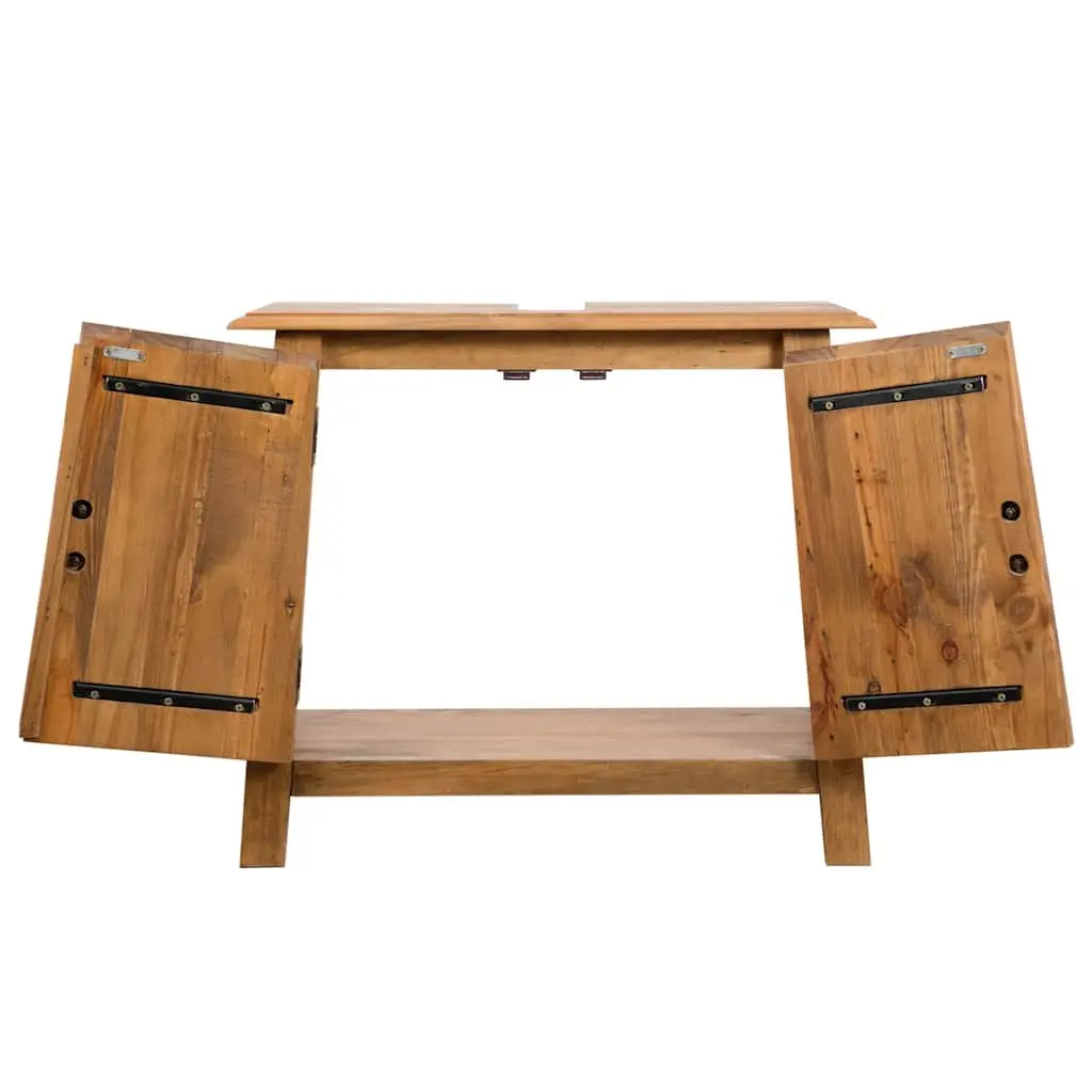 Solid Pinewood Brown Retro Bathroom Vanity Cabinet
