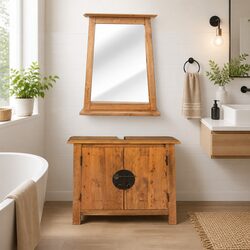 Retro Brown Wooden Bathroom Vanity Cabinet and Mirror Set