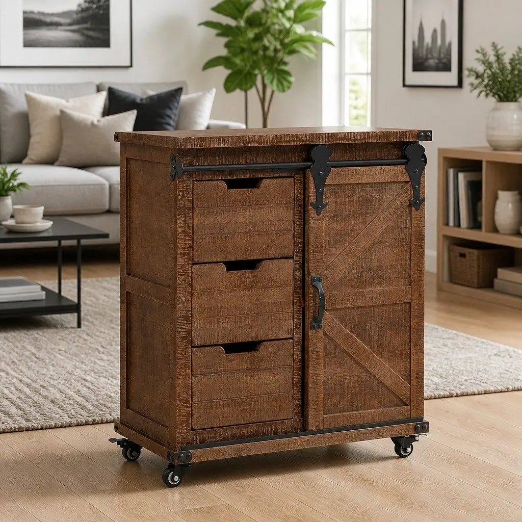 Brown Solid Fir Wood Storage Cabinet with Sliding Door