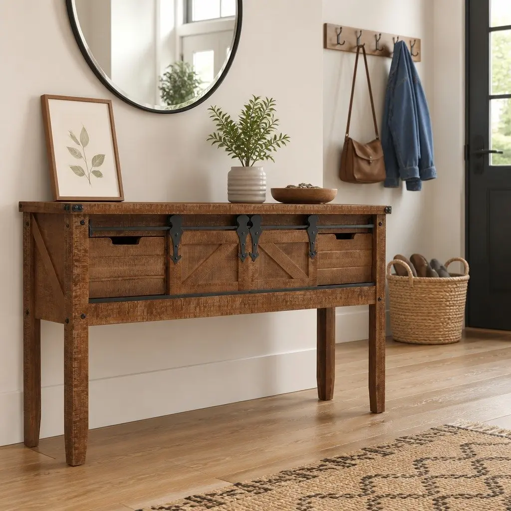 Rustic Brown Console Table with Solid Fir Wood Build