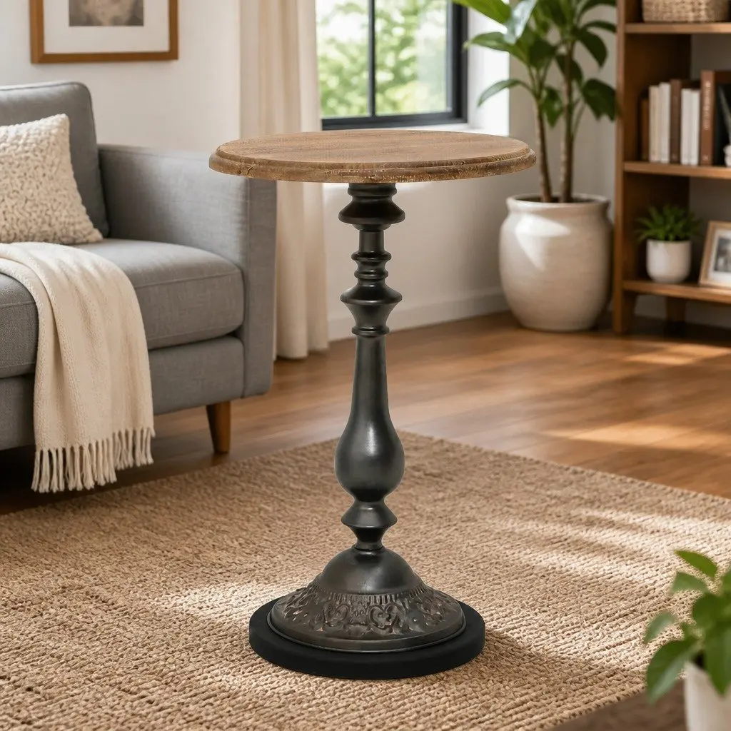 Accent End Table Made of Solid Fir Wood with Steel Base