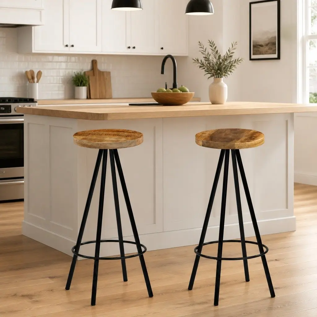 Solid Mango Wood Bar Stools Set of 2 for Dining Room