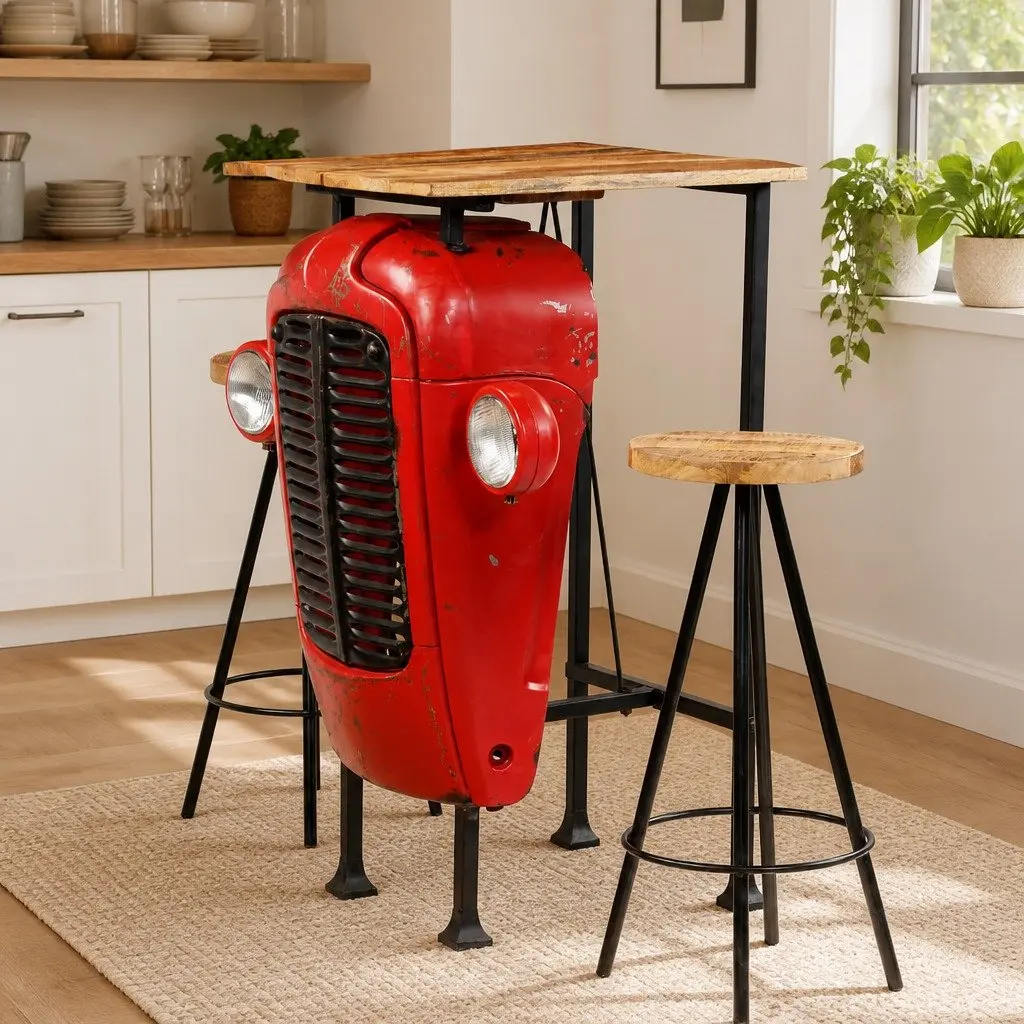 Bar Set 3 Piece Solid Mango Wood Industrial Tractor Design Kitchen Dining
