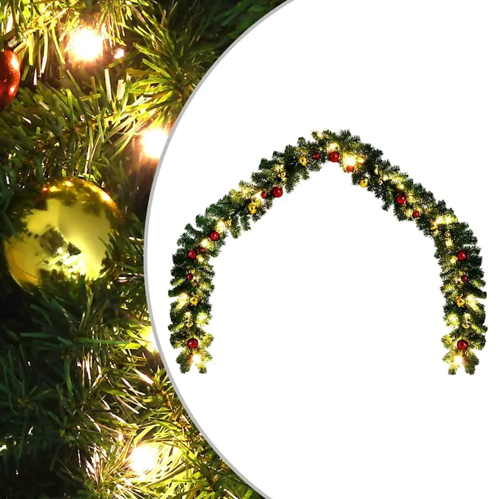 5m Green Christmas Garland with Baubles and LED Lights