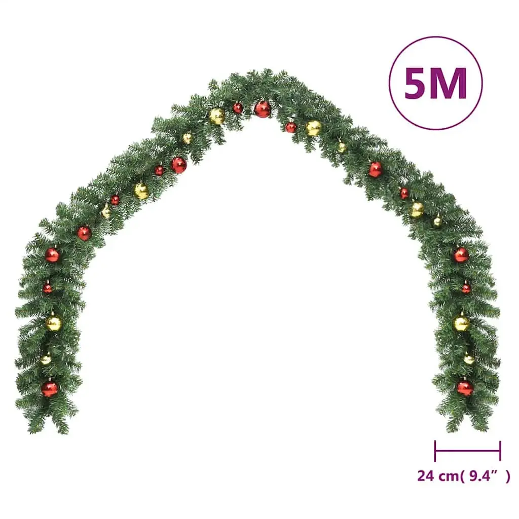 5m Green Christmas Garland with Baubles and LED Lights