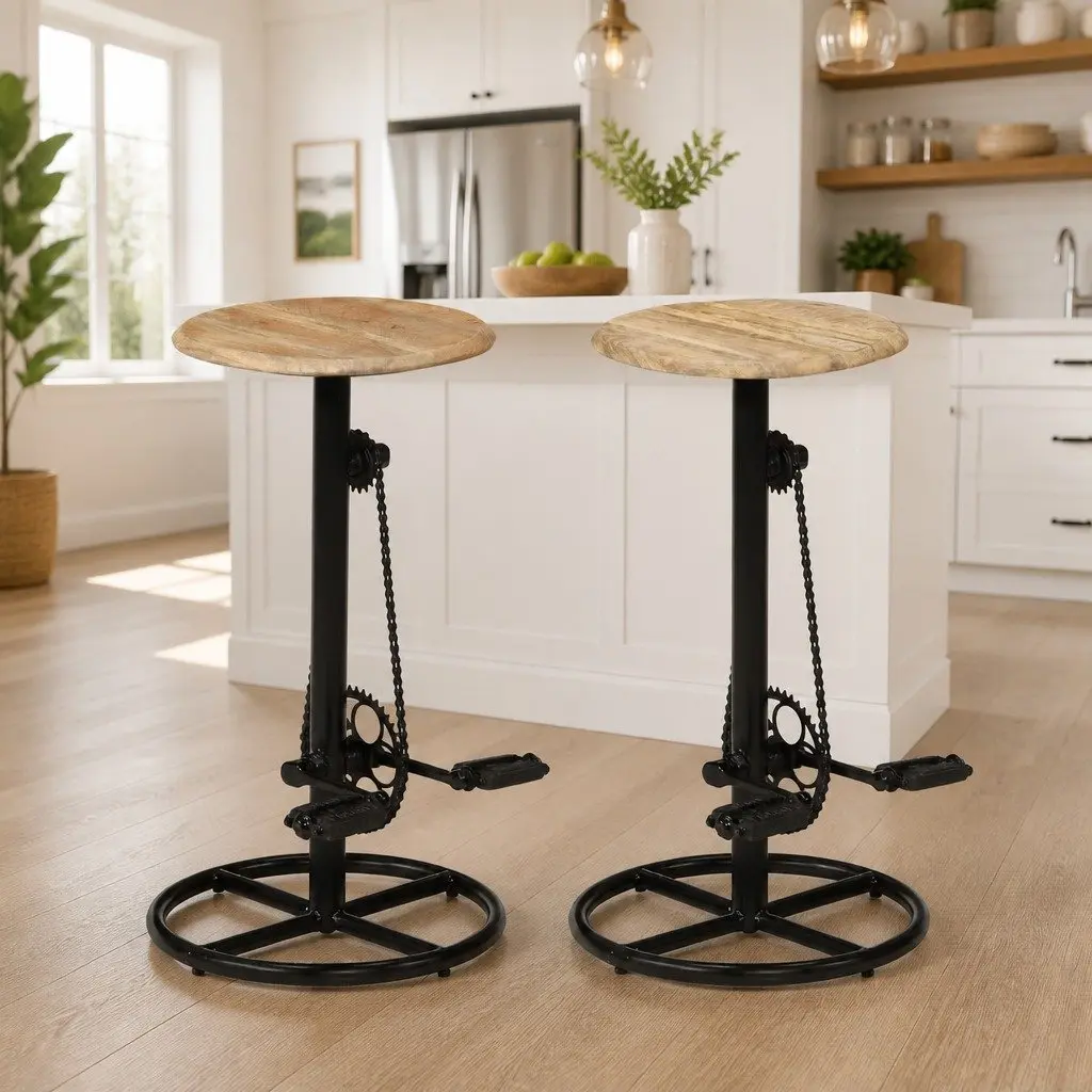 Bar Stools Solid Mango Wood Steel Industrial Style Brown 2 Piece