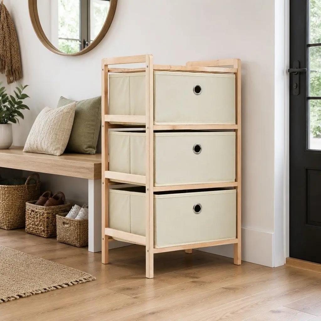 Wooden Storage Rack with 3 Fabric Baskets