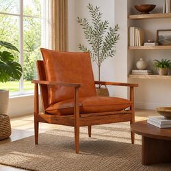 Stylish Brown Leather Armchair with Acacia Wood Frame