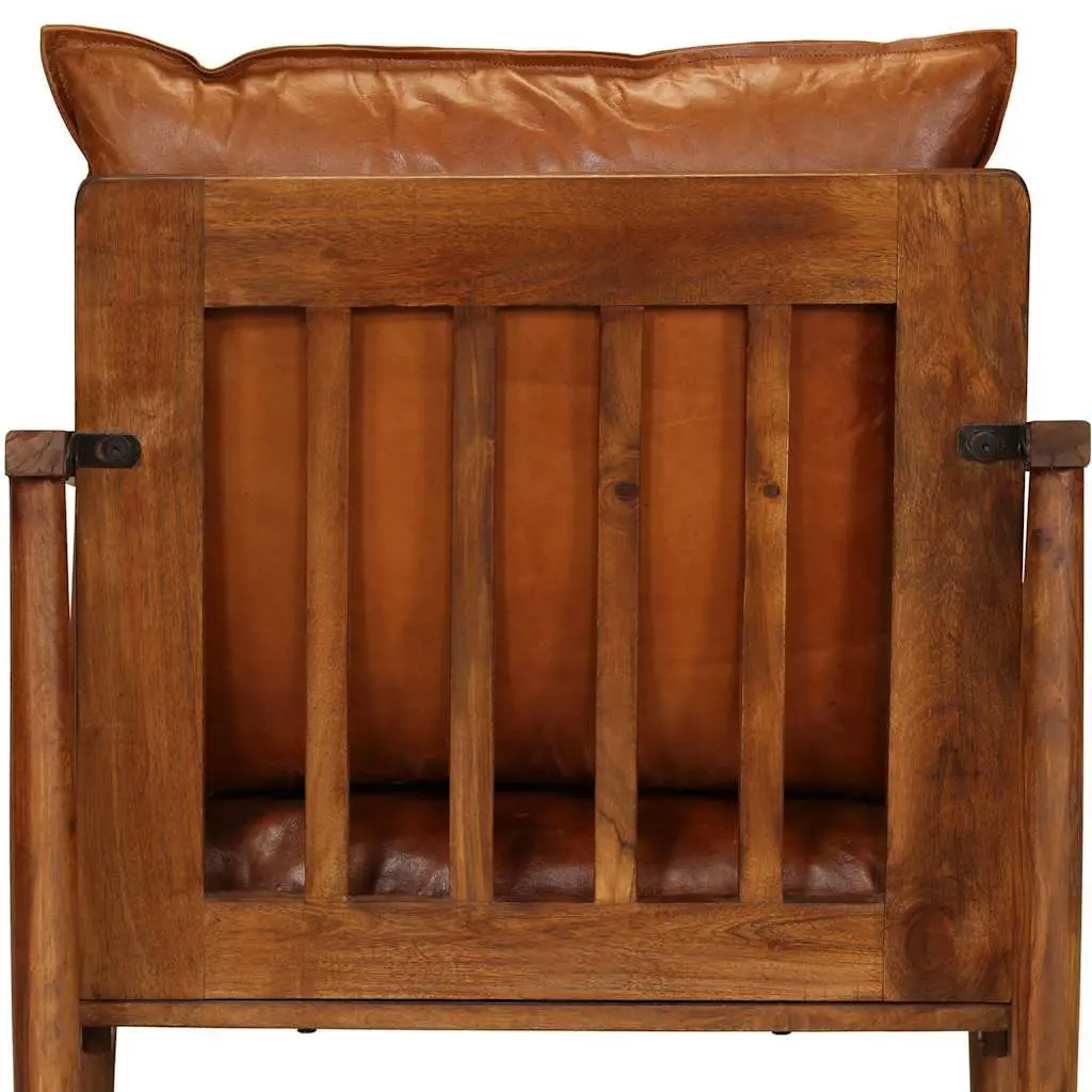 Armchair Goat Leather Thick Foam Padding Brown Solid Acacia Wood Frame