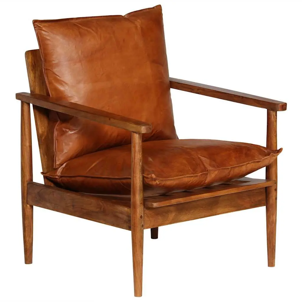 Armchair Goat Leather Thick Foam Padding Brown Solid Acacia Wood Frame