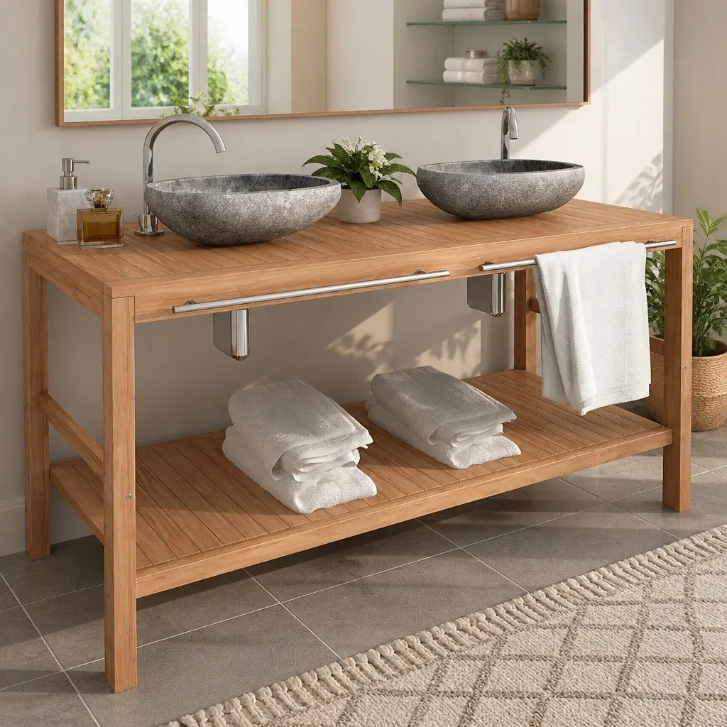 Solid Teak Bathroom Vanity Cabinet 132x45x75cm Brown