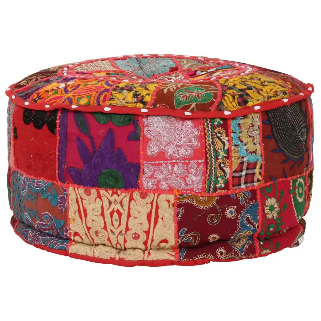 Handmade Red Cotton Round Patchwork Pouffe Ottoman