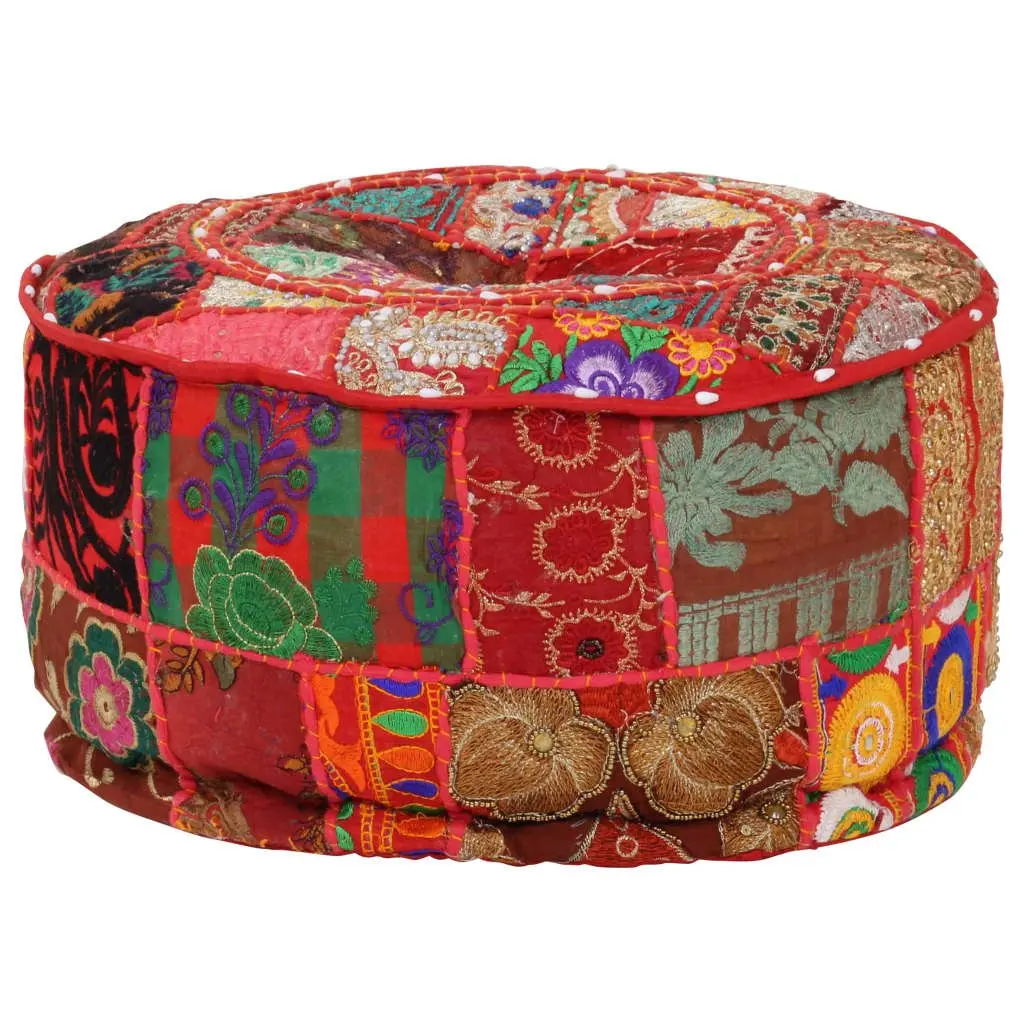 Handmade Red Cotton Round Patchwork Pouffe Ottoman