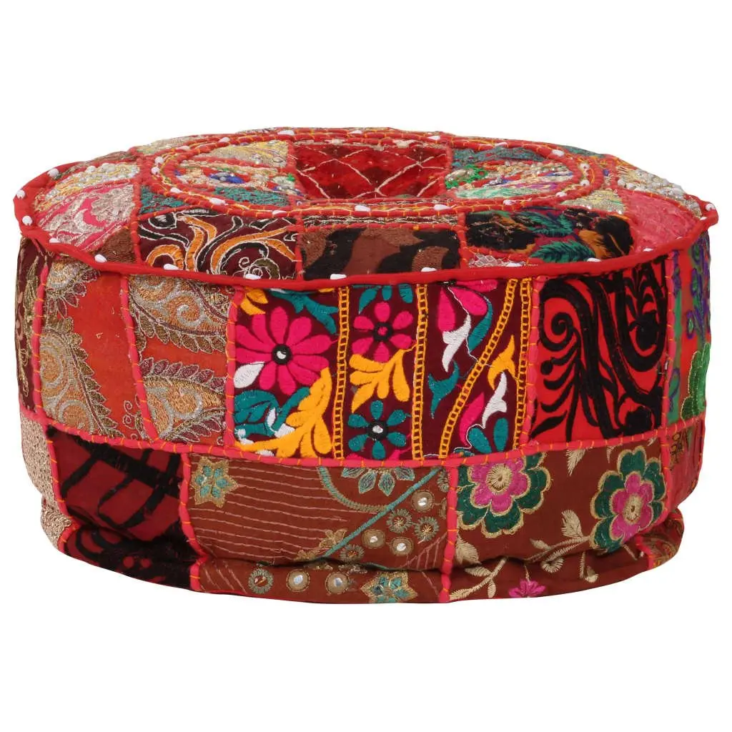 Handmade Red Cotton Round Patchwork Pouffe Ottoman