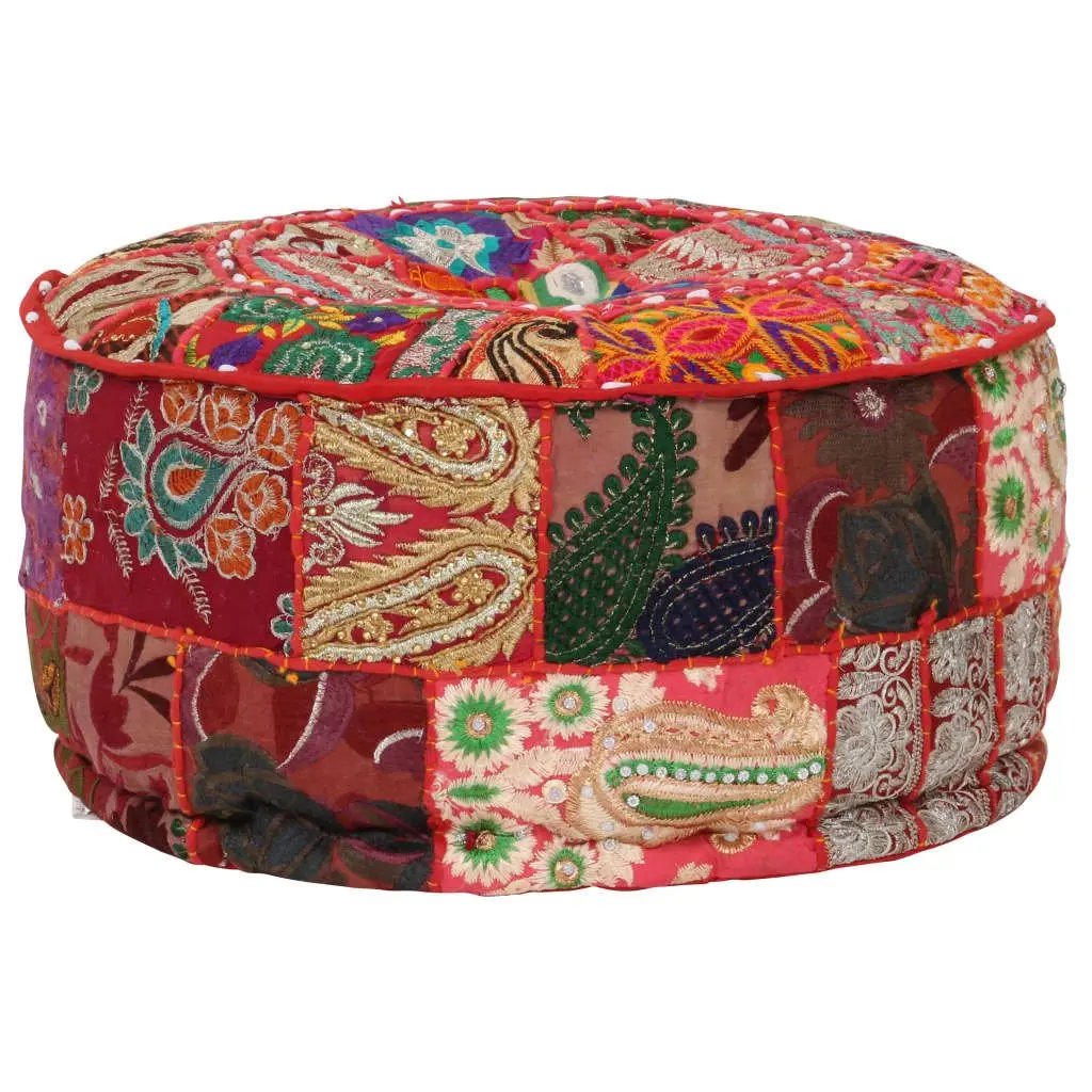 Handmade Red Cotton Round Patchwork Pouffe Ottoman