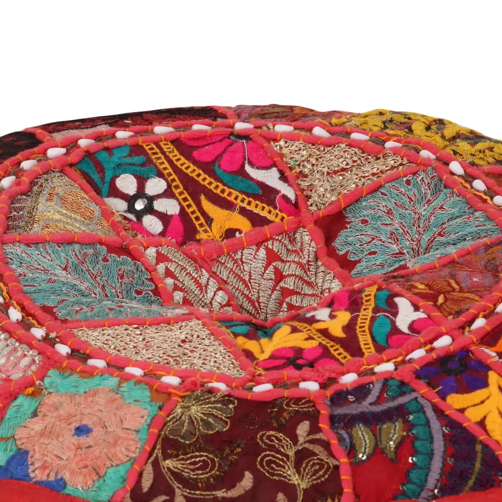 Handmade Red Cotton Round Patchwork Pouffe Ottoman
