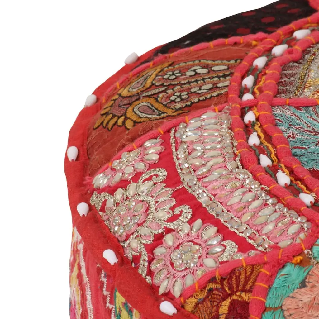 Handmade Red Cotton Round Patchwork Pouffe Ottoman