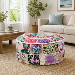 Handmade Beige Patchwork Pouffe - Round Cotton Footrest