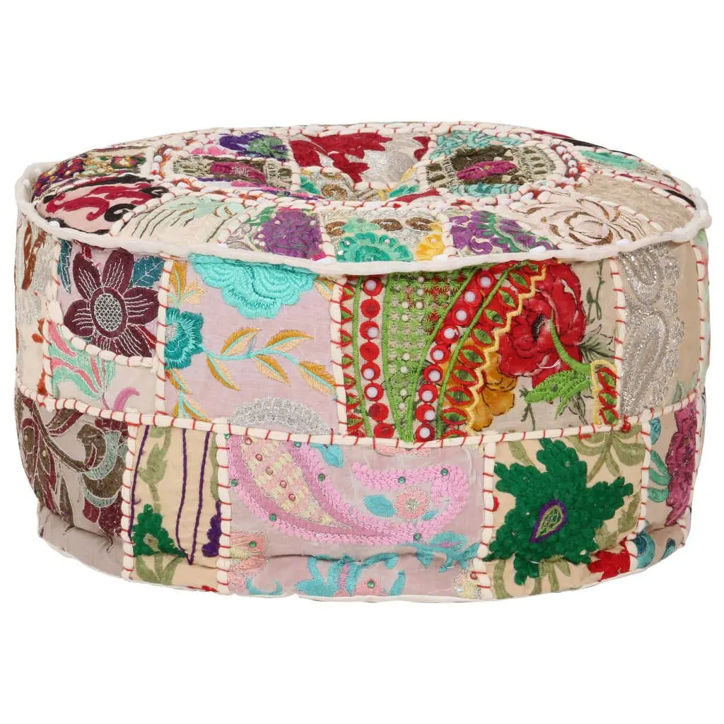 Patchwork Pouffe Round Footrest Ottoman Handmade Cotton 40x20 cm Beige
