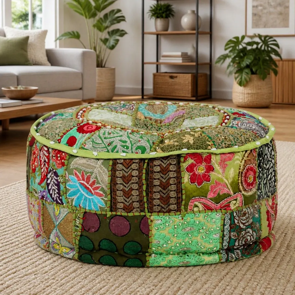 Handmade Green Patchwork Pouffe Ottoman 40x20cm