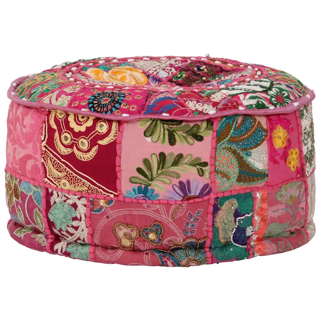 Round Patchwork Pouffe Footrest Handmade Cotton Pink 40x20 cm Boho Decor
