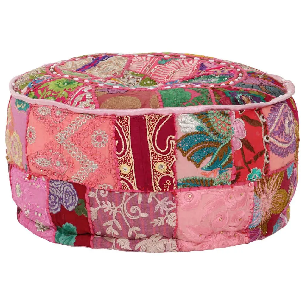 Round Patchwork Pouffe Footrest Handmade Cotton Pink 40x20 cm Boho Decor