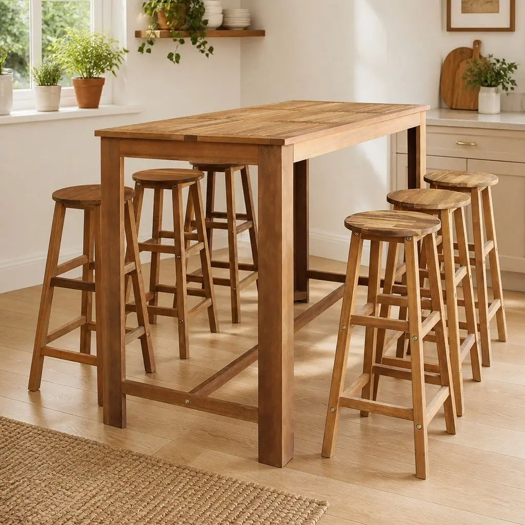 7-Piece Rustic Solid Acacia Bar Table and Stools
