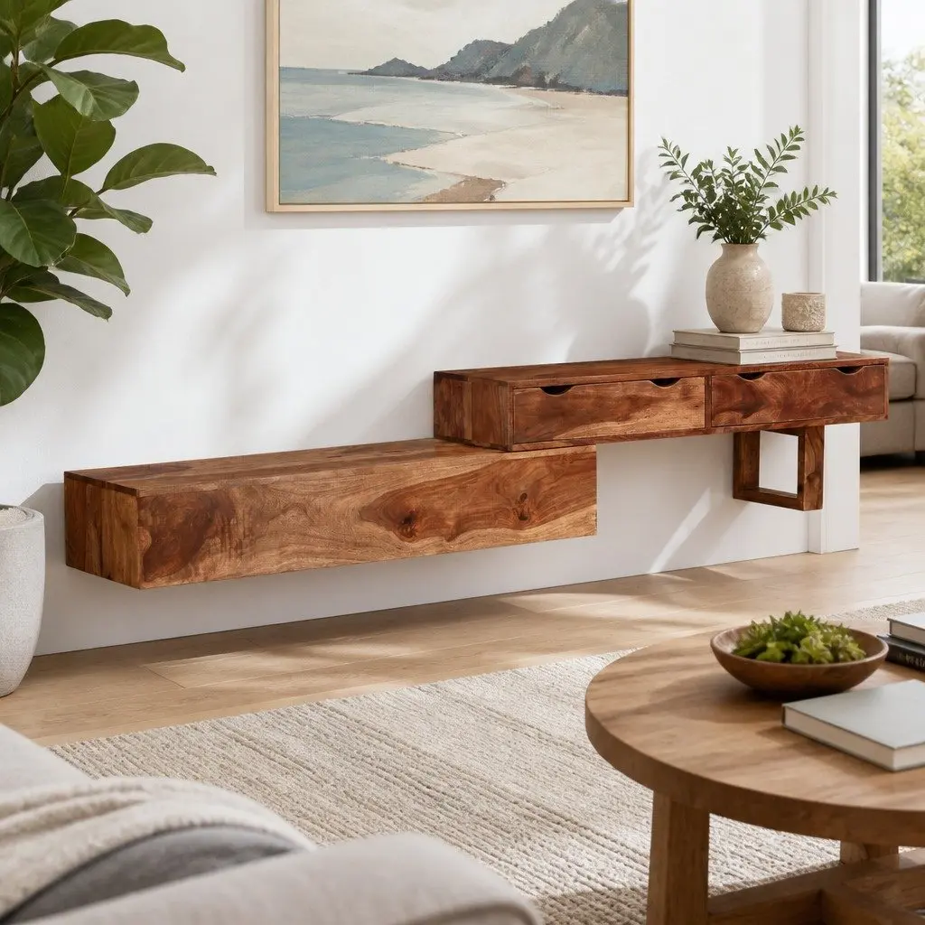 TV Cabinet Solid Wood Acacia Brown 2 Drawers 200 x 30 x 35 cm