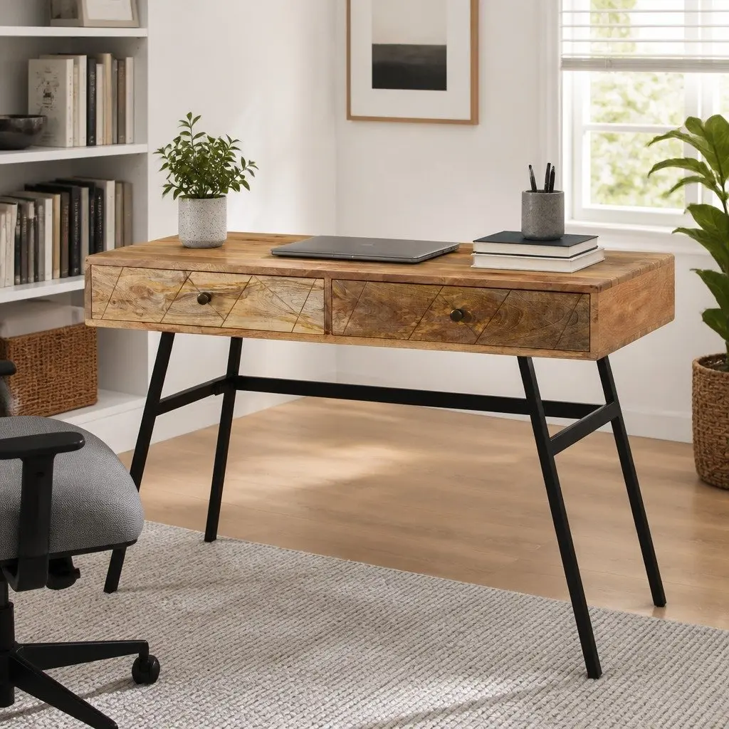Writing Desk Solid Mango Wood 110x50x76cm Brown with 2 Drawers Industrial Steel Legs