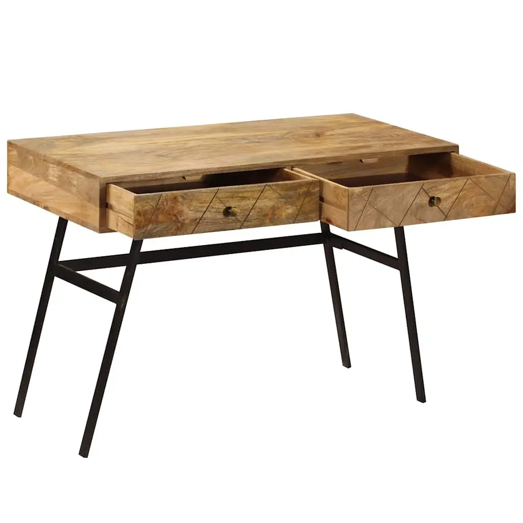 Writing Desk Solid Mango Wood 110x50x76cm Brown with 2 Drawers Industrial Steel Legs