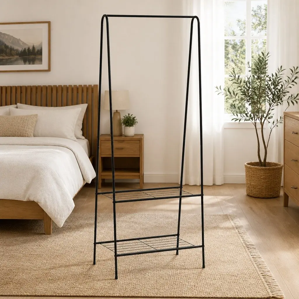 Black Garment Stand with 2 Storage Shelves