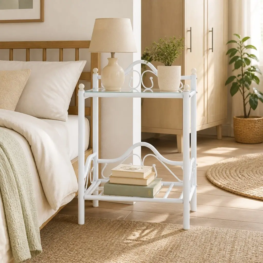 White Steel Frame Bedside Table with Glass Shelves