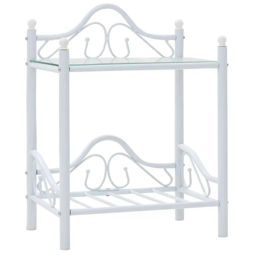 White Steel Frame Bedside Table with Glass Shelves