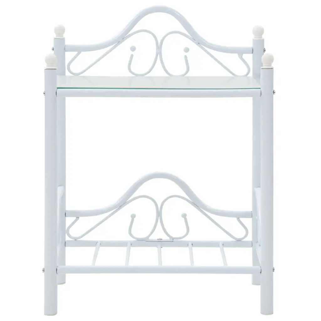White Steel Frame Bedside Table with Glass Shelves