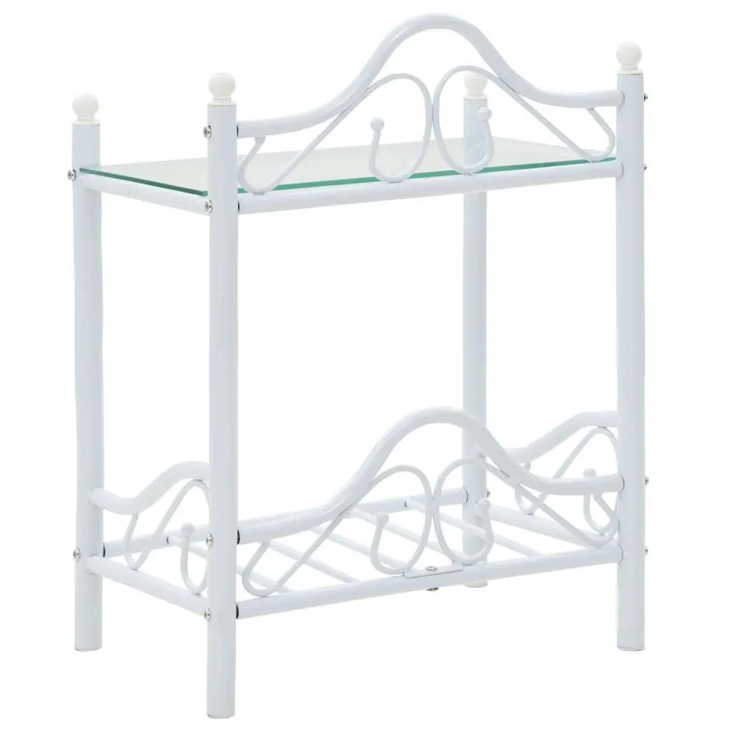 White Steel Frame Bedside Table with Glass Shelves
