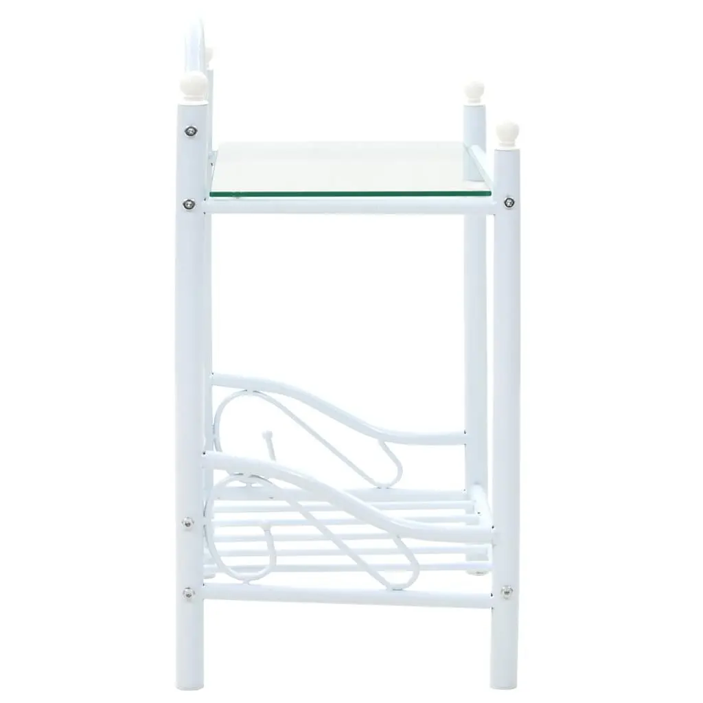 White Steel Frame Bedside Table with Glass Shelves