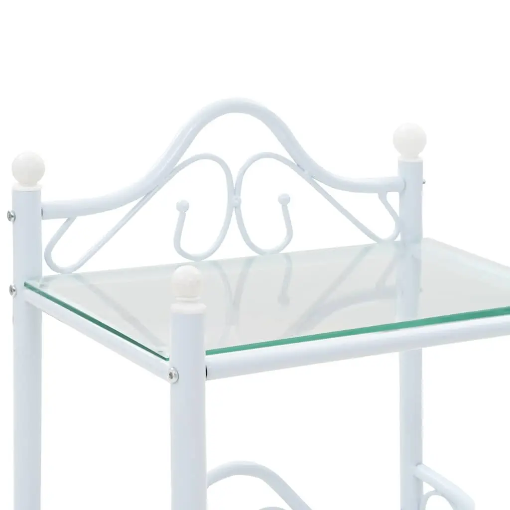 White Steel Frame Bedside Table with Glass Shelves