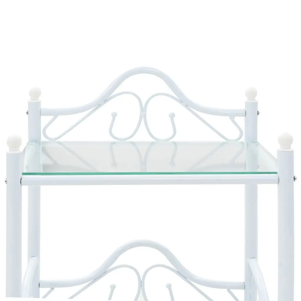 White Steel Frame Bedside Table with Glass Shelves