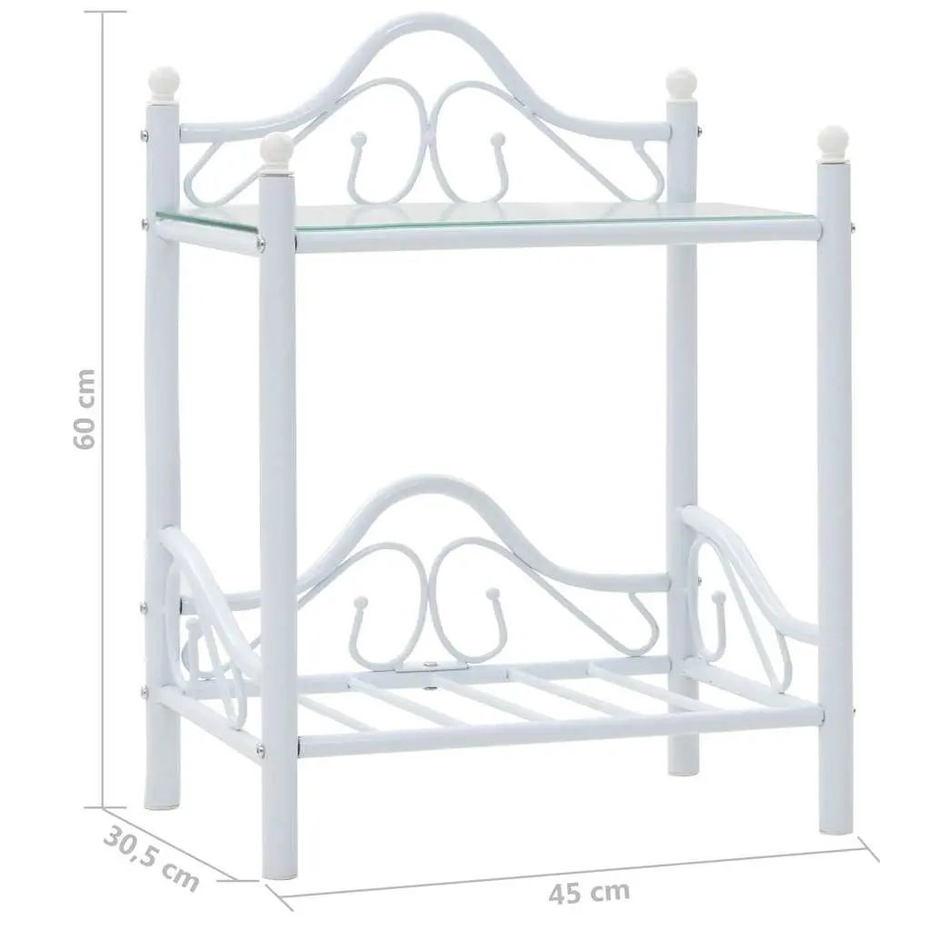 White Steel Frame Bedside Table with Glass Shelves