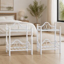 White Steel Tempered Glass Nightstand Set, 2 pcs