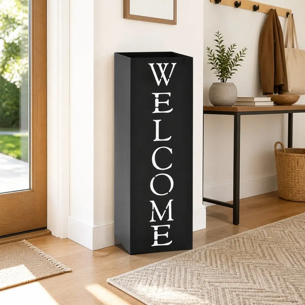Black Steel Umbrella Stand with Drip Tray
