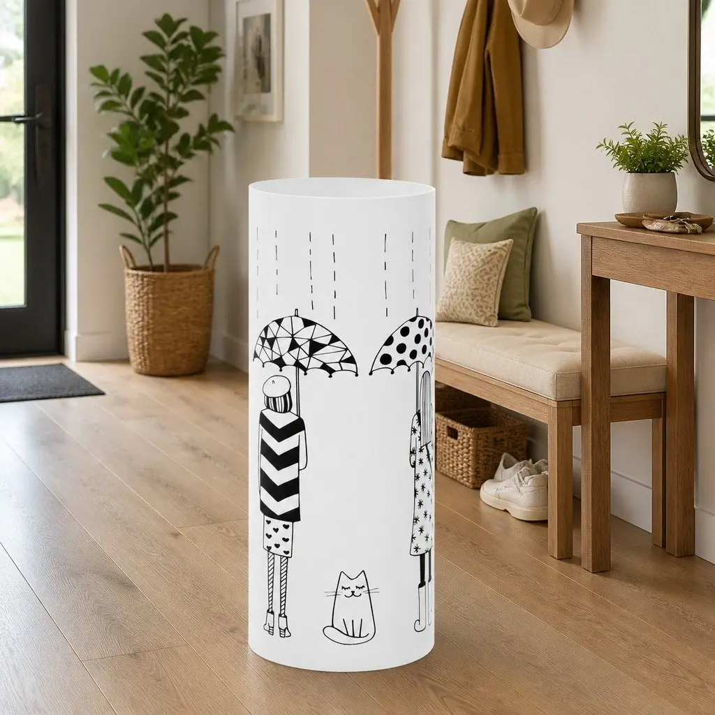 White Steel Umbrella Stand with Drip Tray