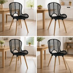 Set of 4 Black Rattan Dining Chairs with Wooden Legs