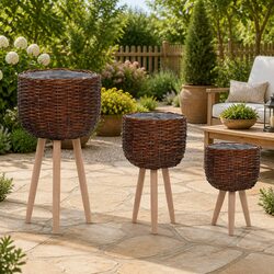 Brown Rattan Wicker Planter Set - 3 Durable Pots