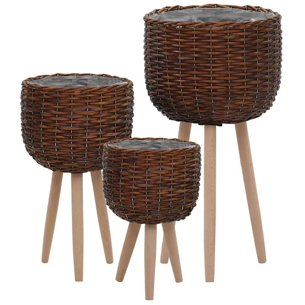 Wicker Planter Set 3 pcs Brown Rattan Garden Potting Pots Rustic Home Decor